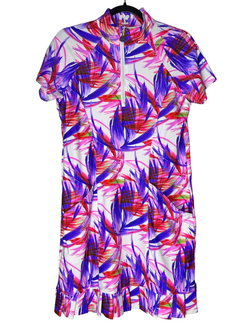 Tzu Tzu Sport Dress Large Floral Golf Tennis Pickleball Quarter Zip Ruffle Hem